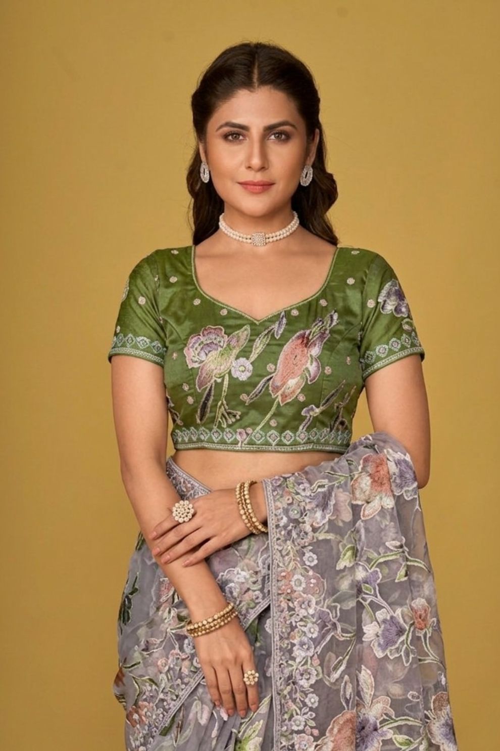 Grey Floral Organza Brasso Saree with Olive Green Silk Blouse Elegant