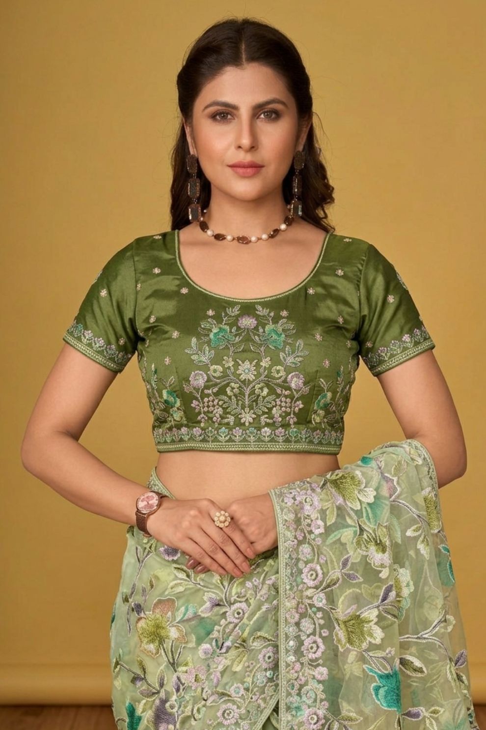Light Green Floral Organza Brasso Saree Elegant Festive Party Wear Look