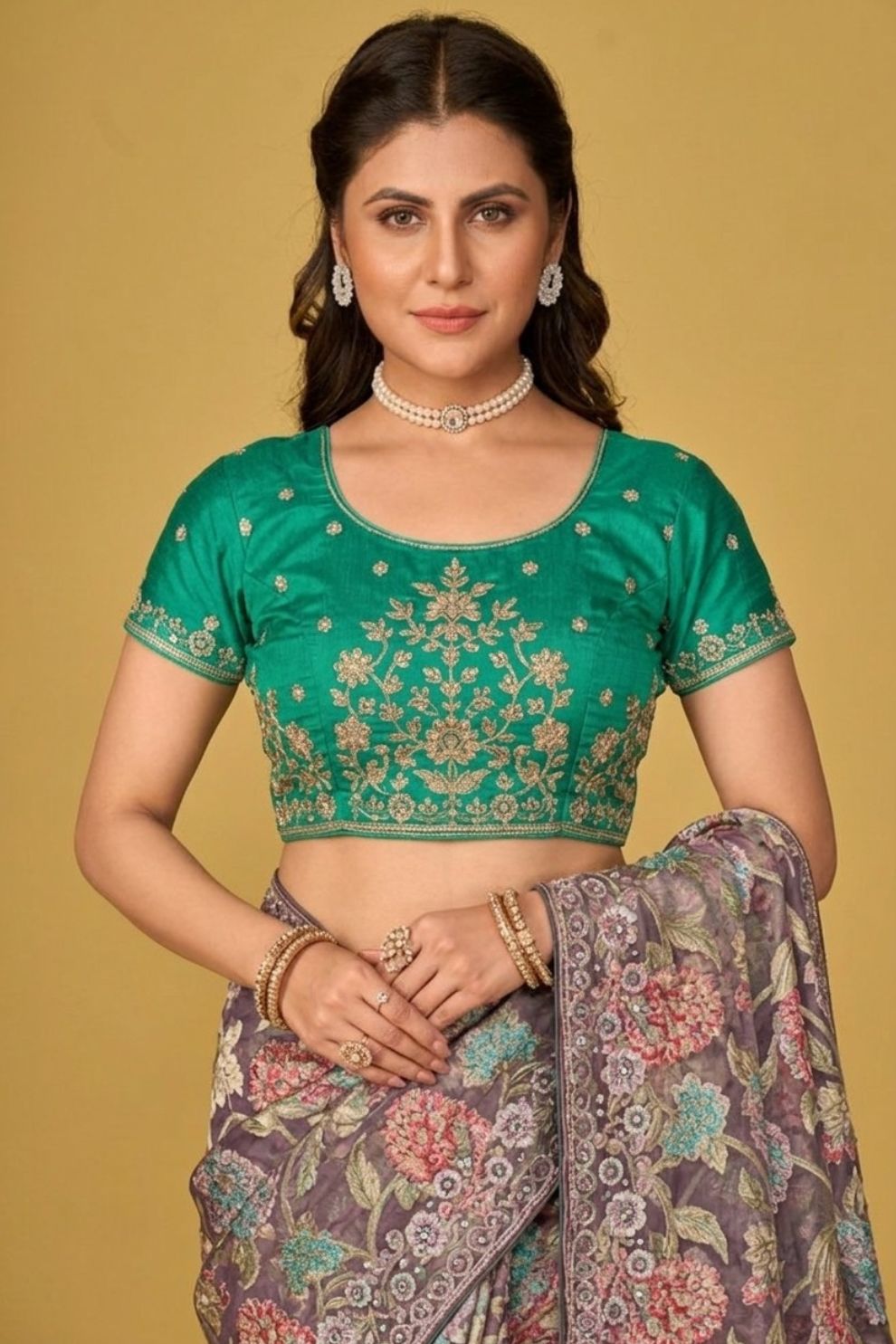 Light Green Floral Organza Brasso Saree with Olive Green Embroidered Blouse