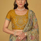 Mustard Olive Floral Organza Brasso Saree Elegant Festive Party Wear