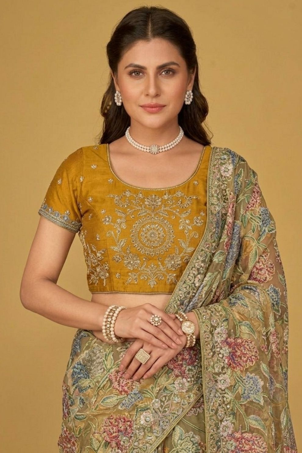 Mustard Olive Floral Organza Brasso Saree Elegant Festive Party Wear
