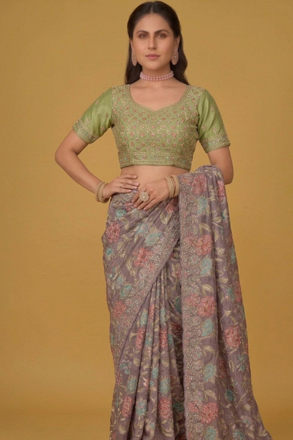 Grey Silk Organza Brasso Printed Saree Elegant Festive Party Wear Look