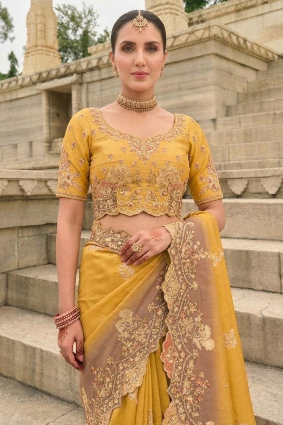 Mustard Yellow Coffee Brown Designer Silk Saree Elegant Party Wear