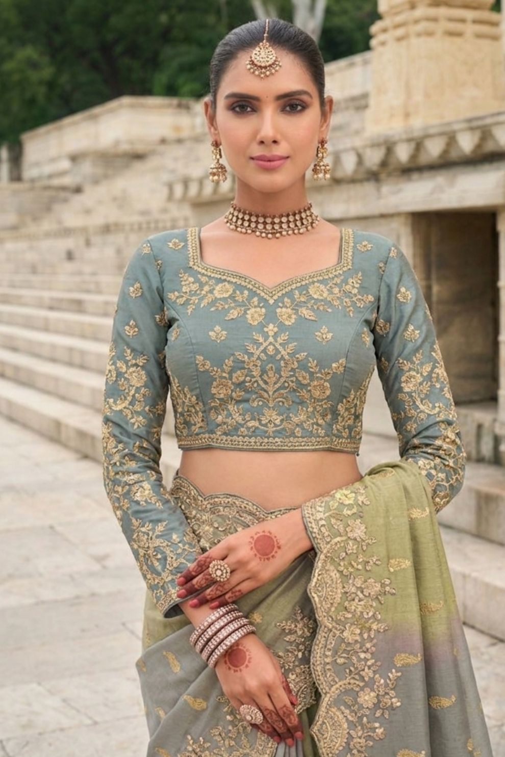 Grey Green Viscose Silk Saree with Cut Work Elegant Party Wear Look