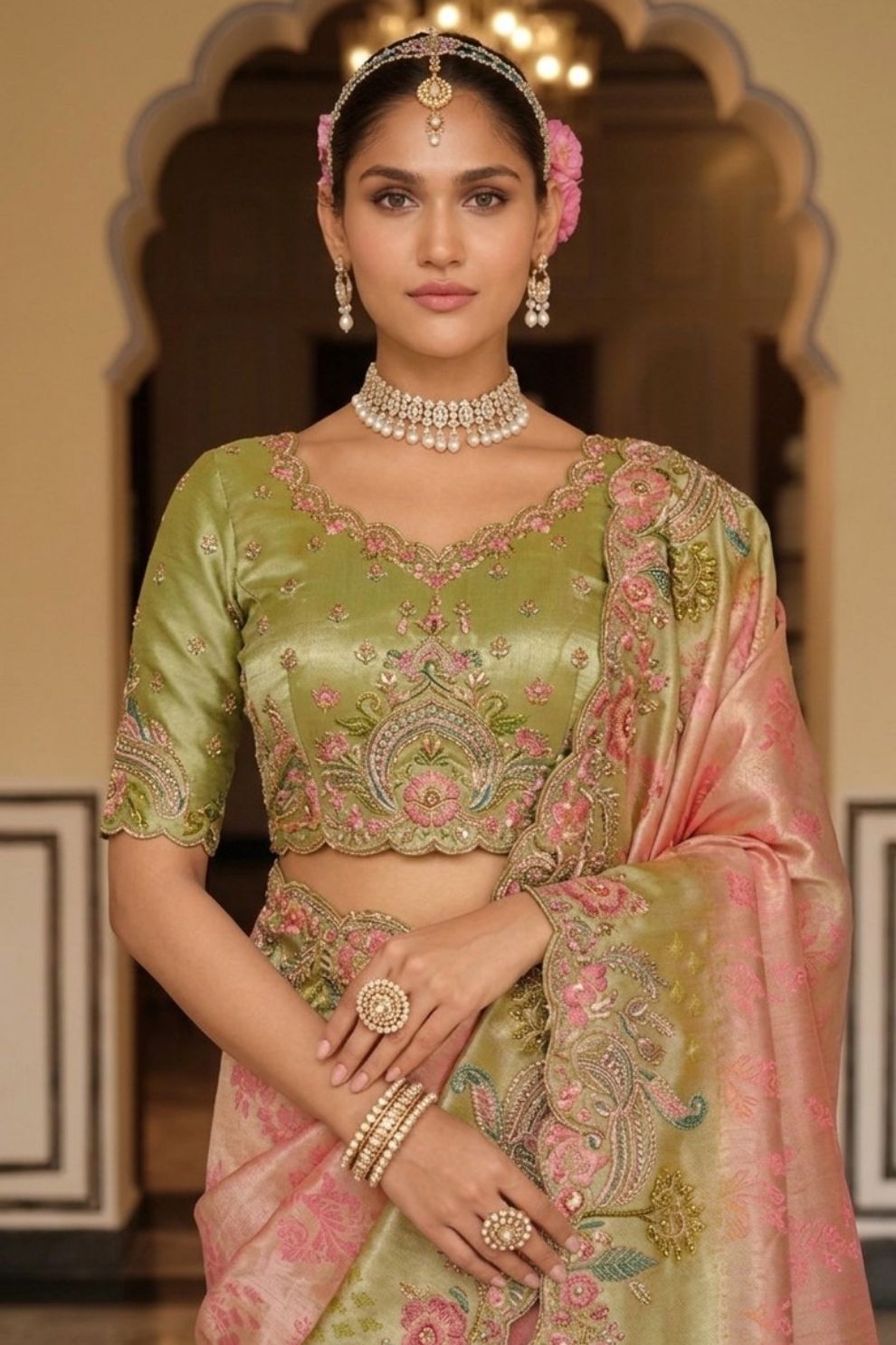 Pastel Pink Olive Green Pure Viscose Jacquard Saree Elegant Festive Wear