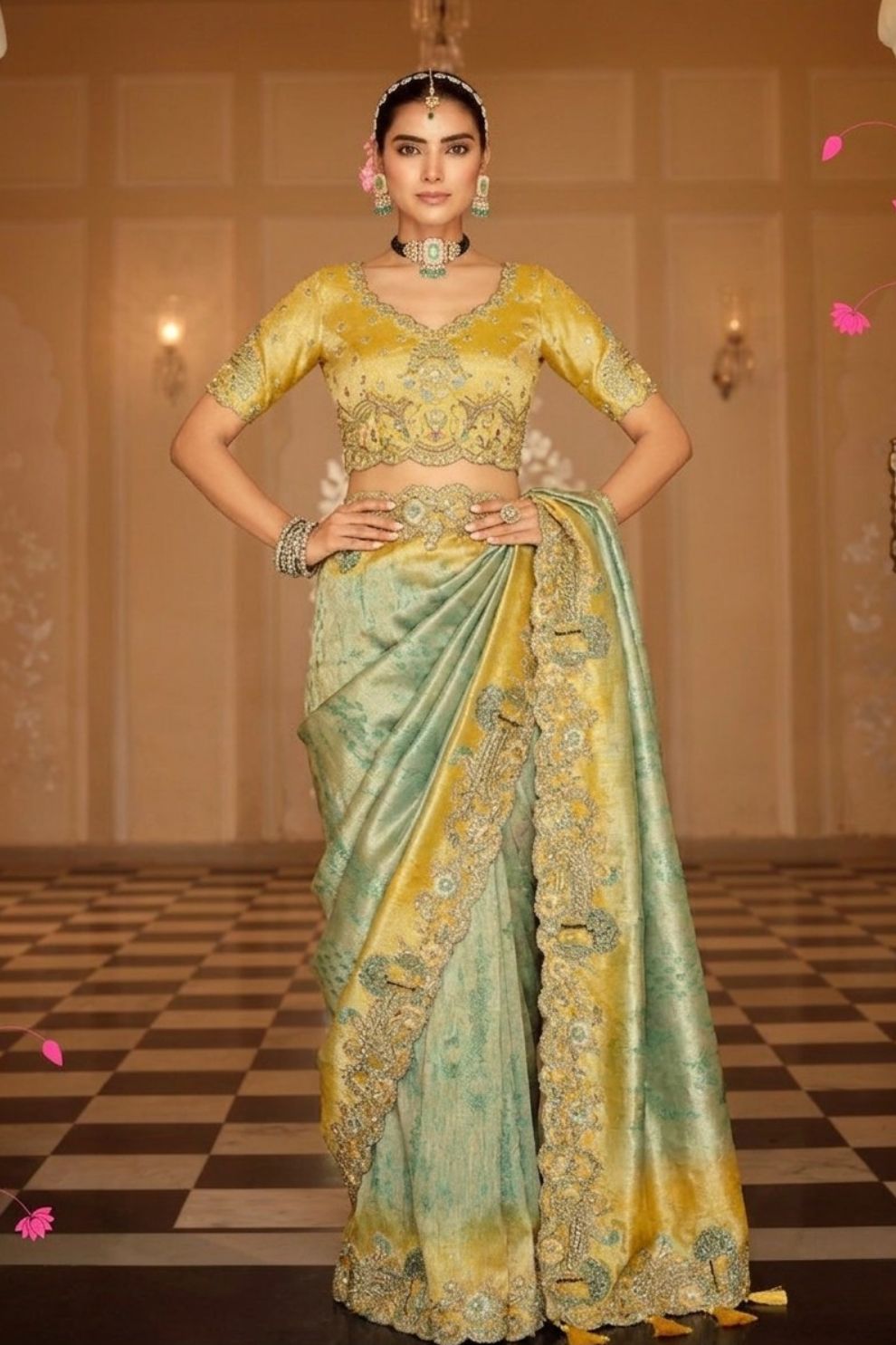 Sage Green Mustard Yellow Silk Blend Saree with Tassel Pallu Elegant