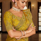 Mustard Yellow Pastel Green Tissue Satin Saree with Embroidery Handwork