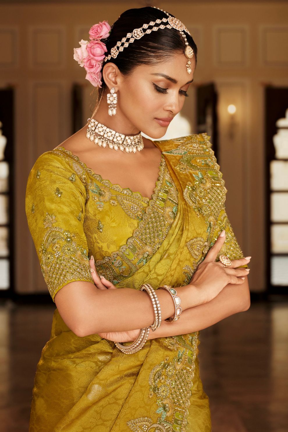 Mustard Yellow Pastel Green Tissue Satin Saree with Embroidery Handwork