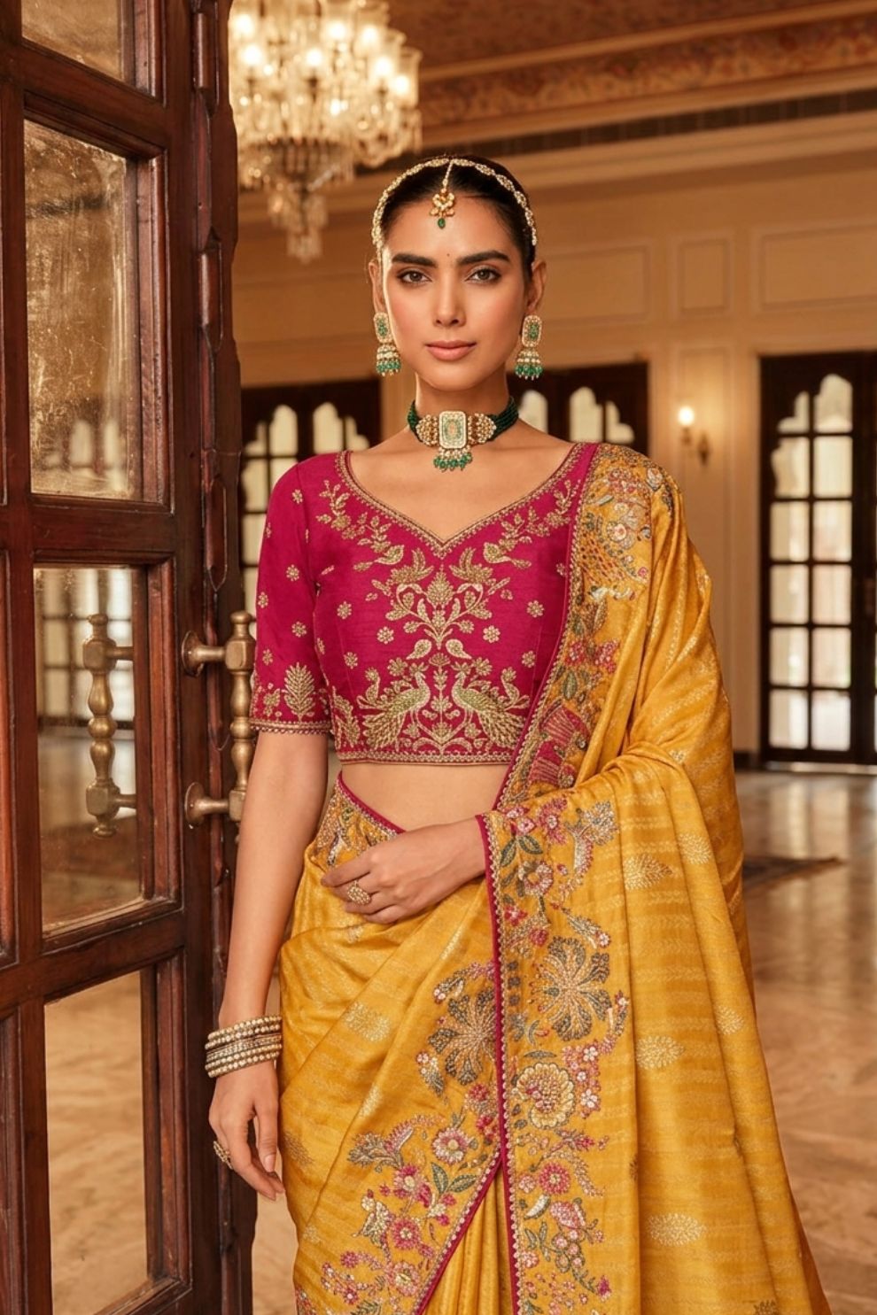 Mustard Yellow Soft Silk Saree with Rani Pink Heavy Embroidered Blouse