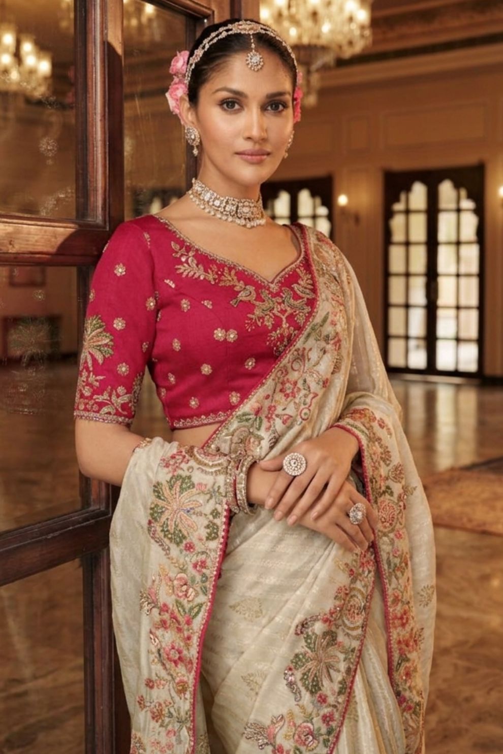 Cream Tissue Satin Saree with Rani Pink Embroidered Silk Blouse