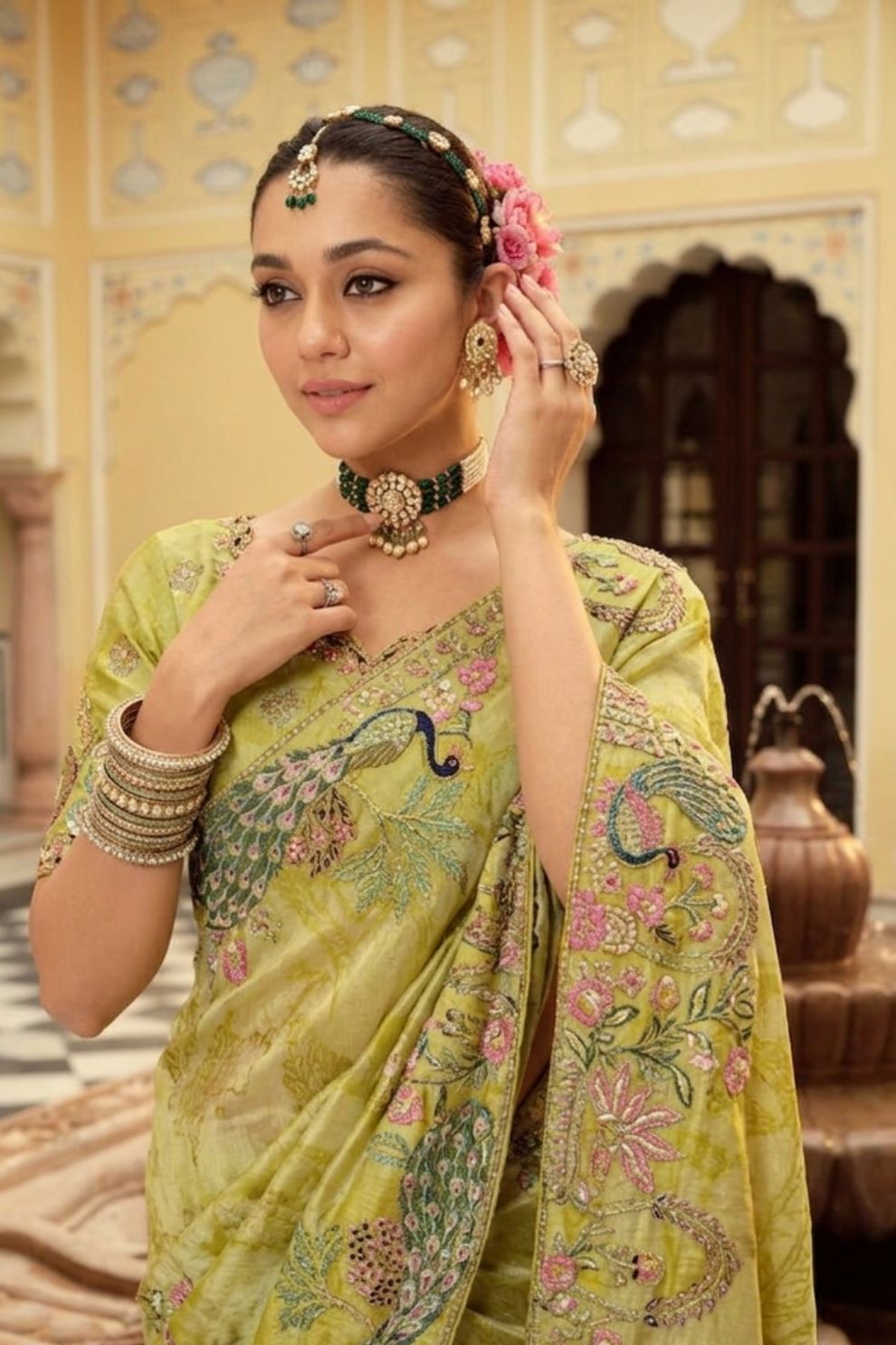 Pistachio Green Soft Silk Saree with Peacock Motif Handwork Elegant