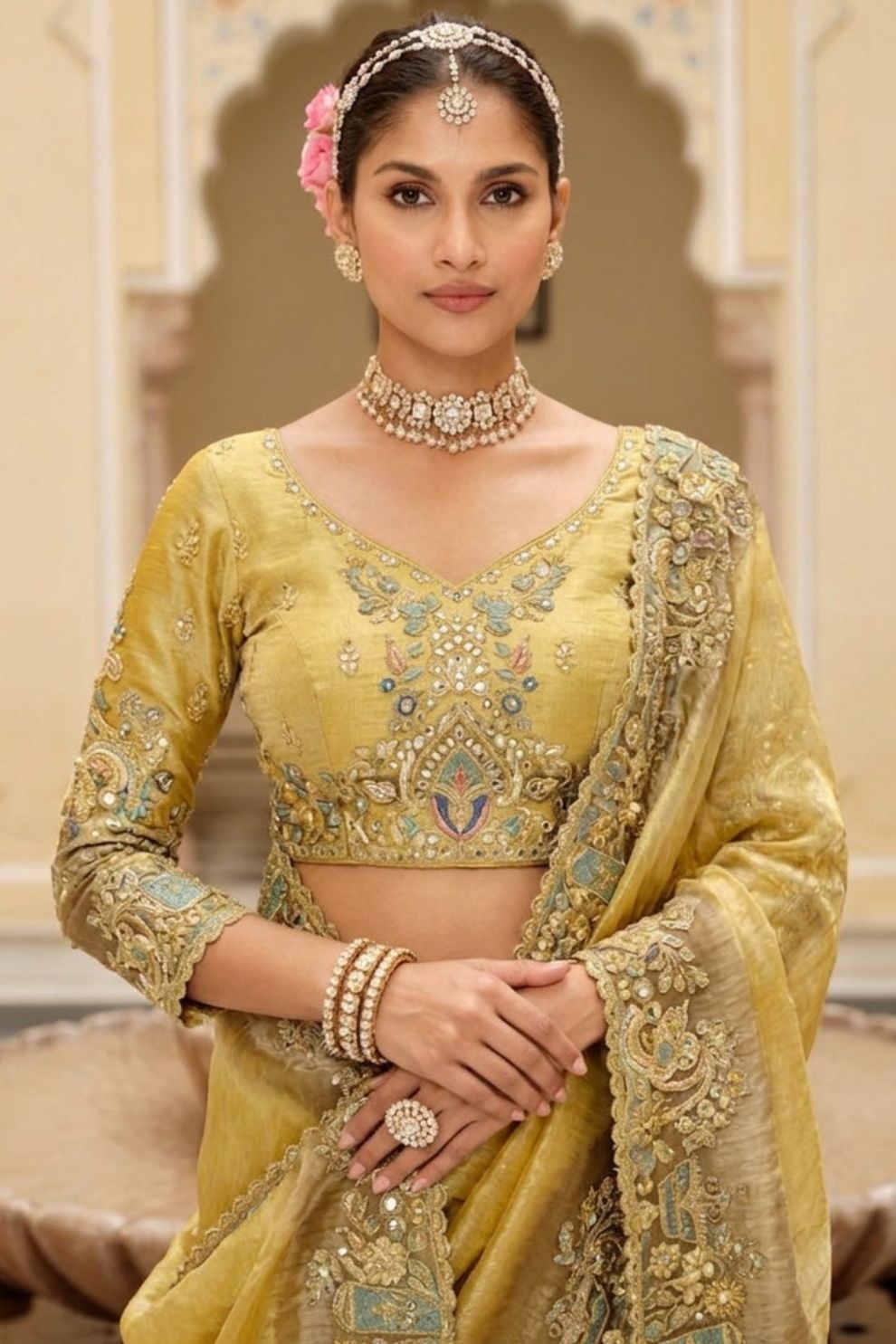 Golden Yellow Tissue Silk Saree with Intricate Embroidered Border