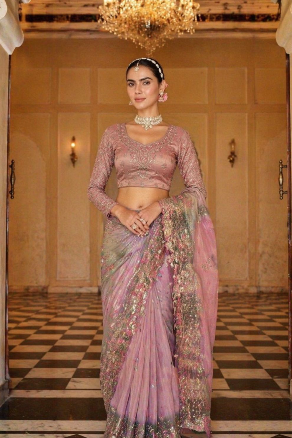 Dusty Rose Pink Sage Green Shaded Silk Saree Elegant Festive Party Wear