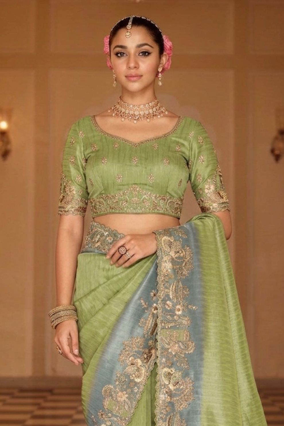 Light Green Soft Silk Saree Elegant Festive Wedding Party Wear Look