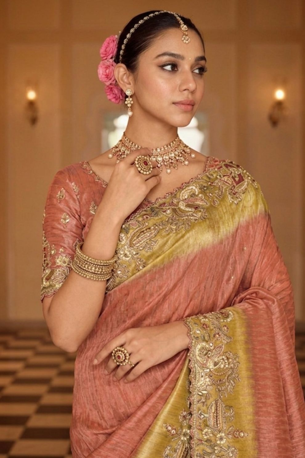 Peach Gold Designer Soft Silk Saree Elegant Festive Wedding Party Wear
