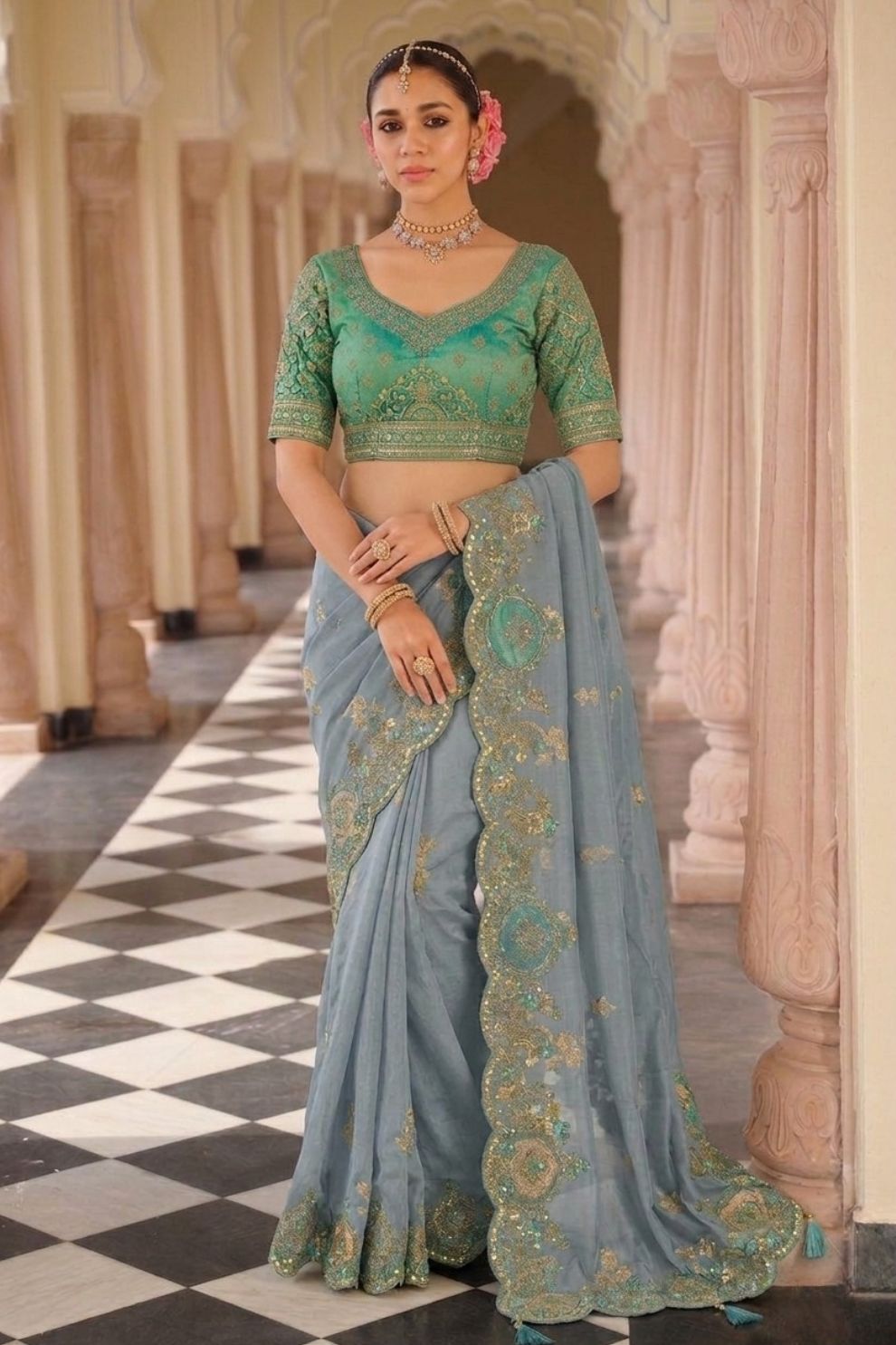 Grey Blue Designer Soft Silk Saree Elegant Festive Wedding Party Wear