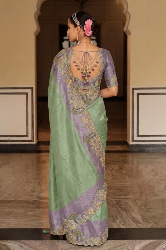 Sage Green Mauve Designer Soft Silk Saree Elegant Festive Party Wear