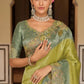 Olive Green Dusty Blue Designer Soft Silk Saree Elegant Festive Wear