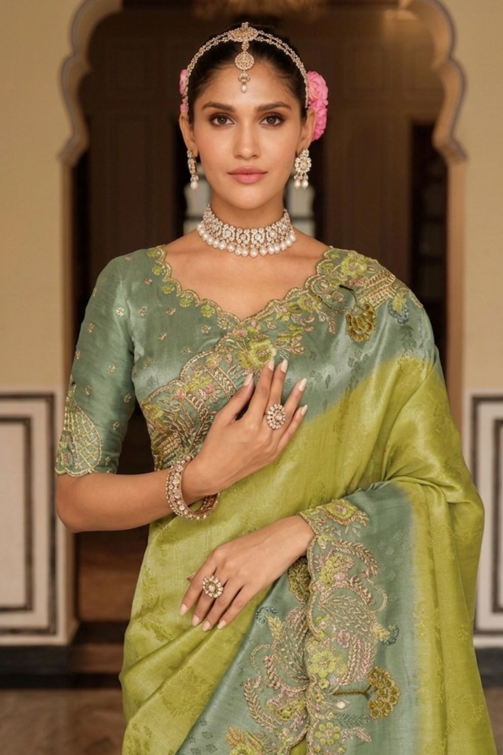 Olive Green Dusty Blue Designer Soft Silk Saree Elegant Festive Wear