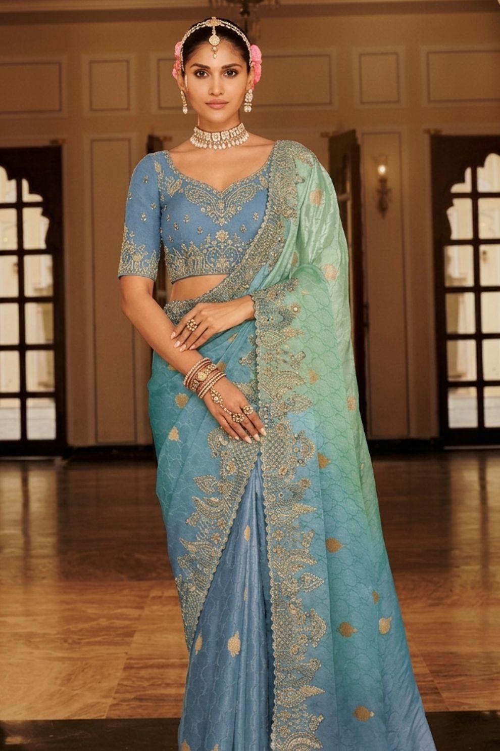 Dusty Blue Designer Soft Silk Saree Elegant Festive Party Wear Look
