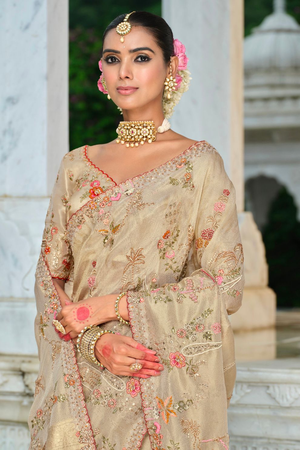 Golden Beige Tissue Zari Saree with Floral Resham Khatli Work Elegant