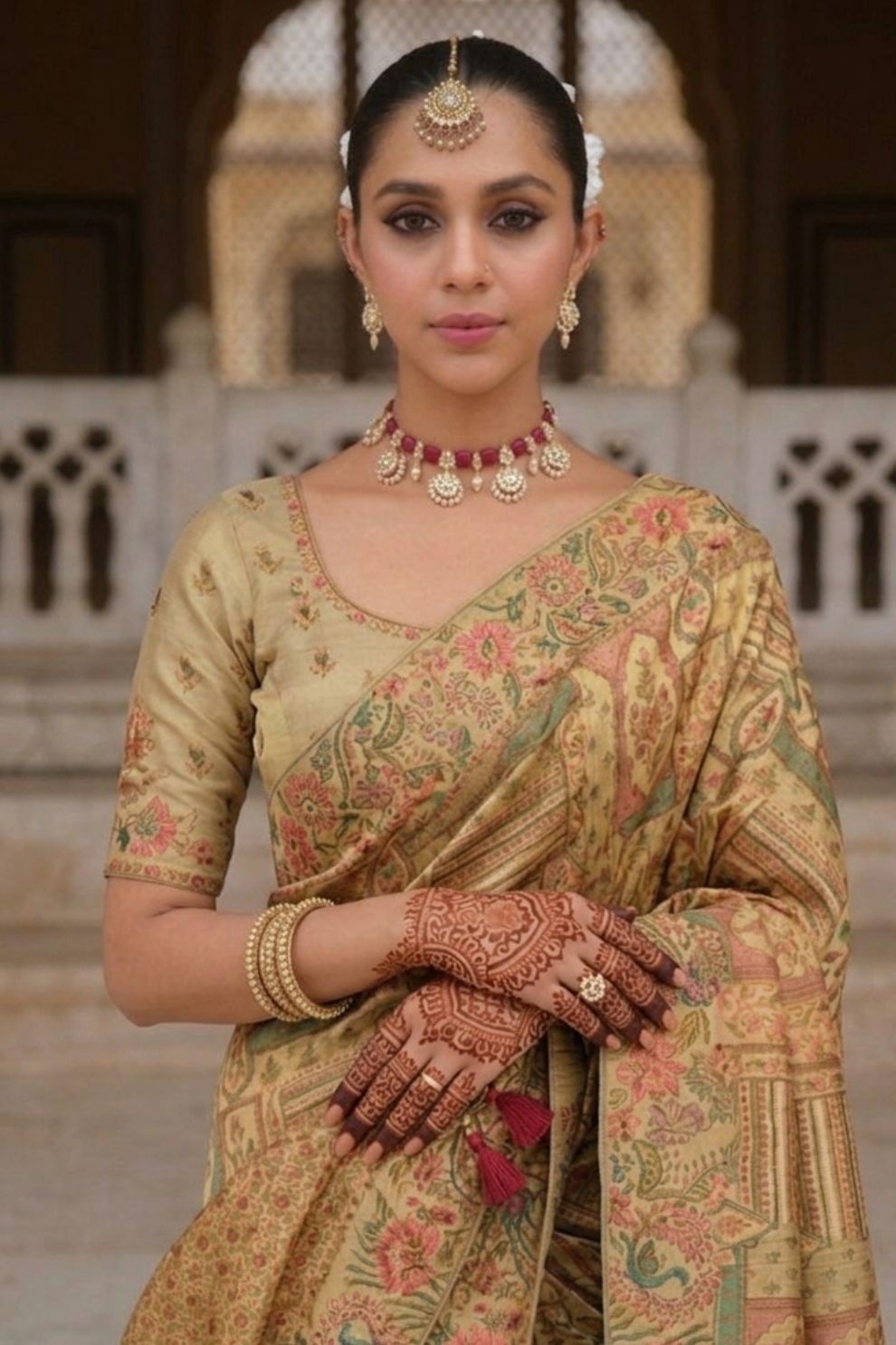 Beige Multi Color Heritage Motif Silk Saree Elegant Festive Wear Look