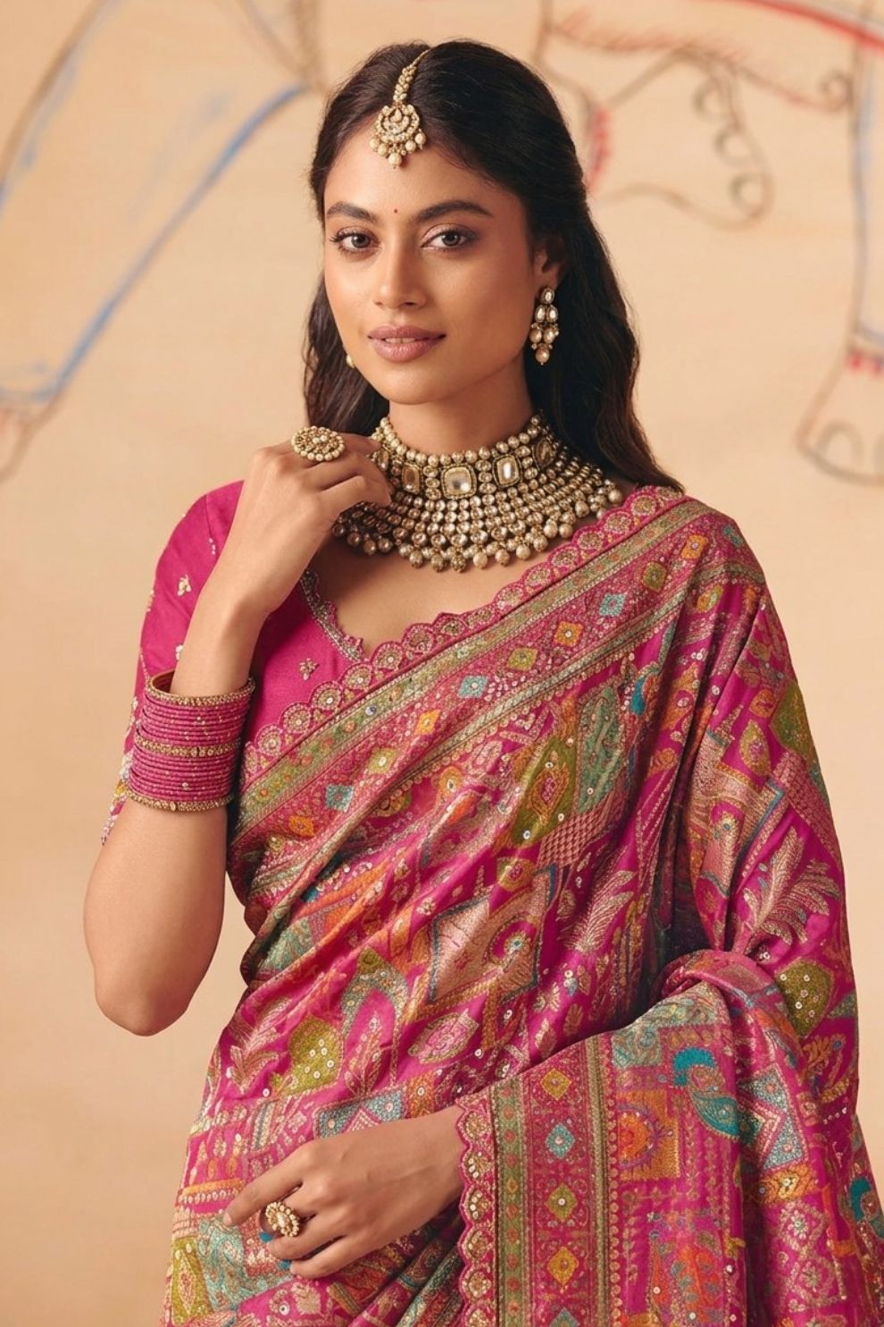 Rani Pink Dola Silk Saree with Zari Embroidery Madhubani Motifs Elegant