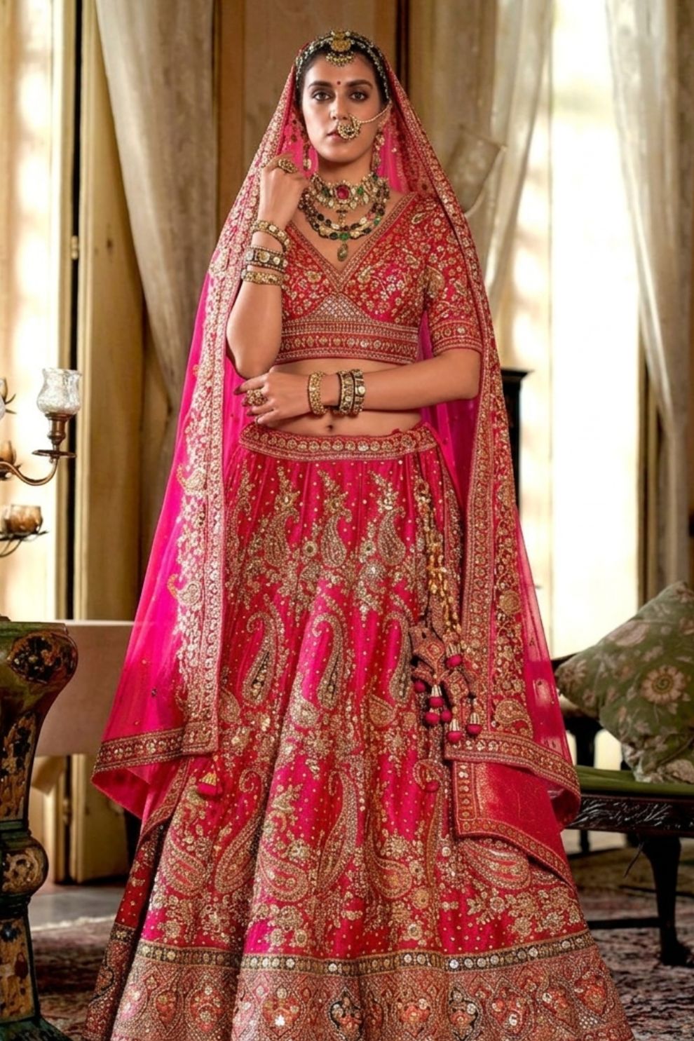 Rosewood Pink Silk Bridal Lehenga Golden Paisley Zardozi Embroidery