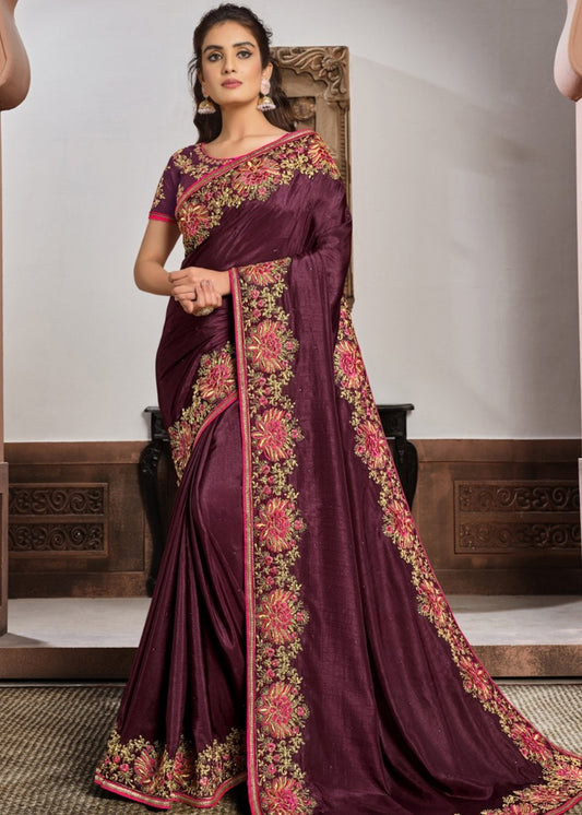 Plum Purple Embroidered Silk Georgette Saree with Tassels on Pallu