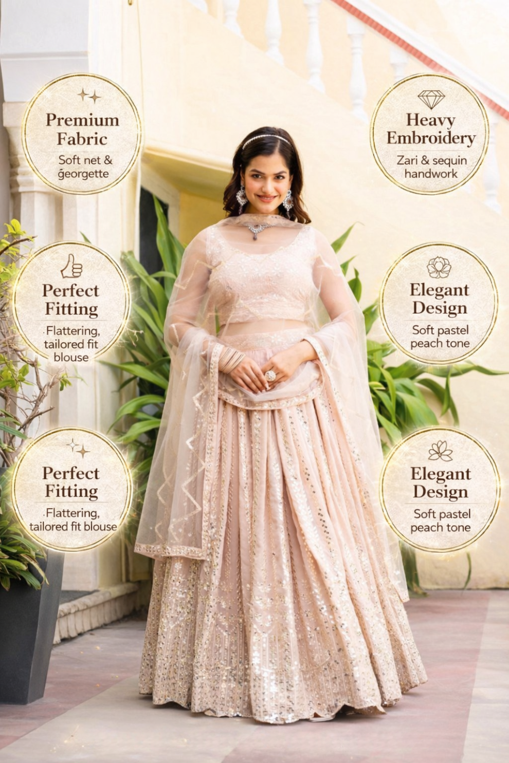Elegant Peach Georgette Embroidered Lehenga Choli Set with Sequin Work