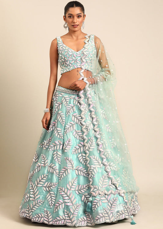 Turquoise Blue Organza Lehenga Choli with Sequins & Zarkan Embroidery work