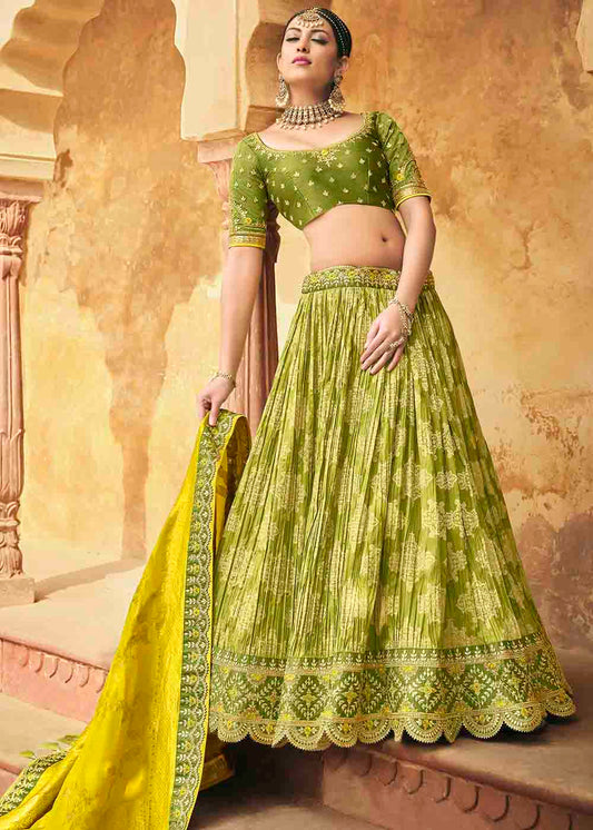 Avocado Green Banarasi Silk Lehenga Choli with Khatli work Embroidery