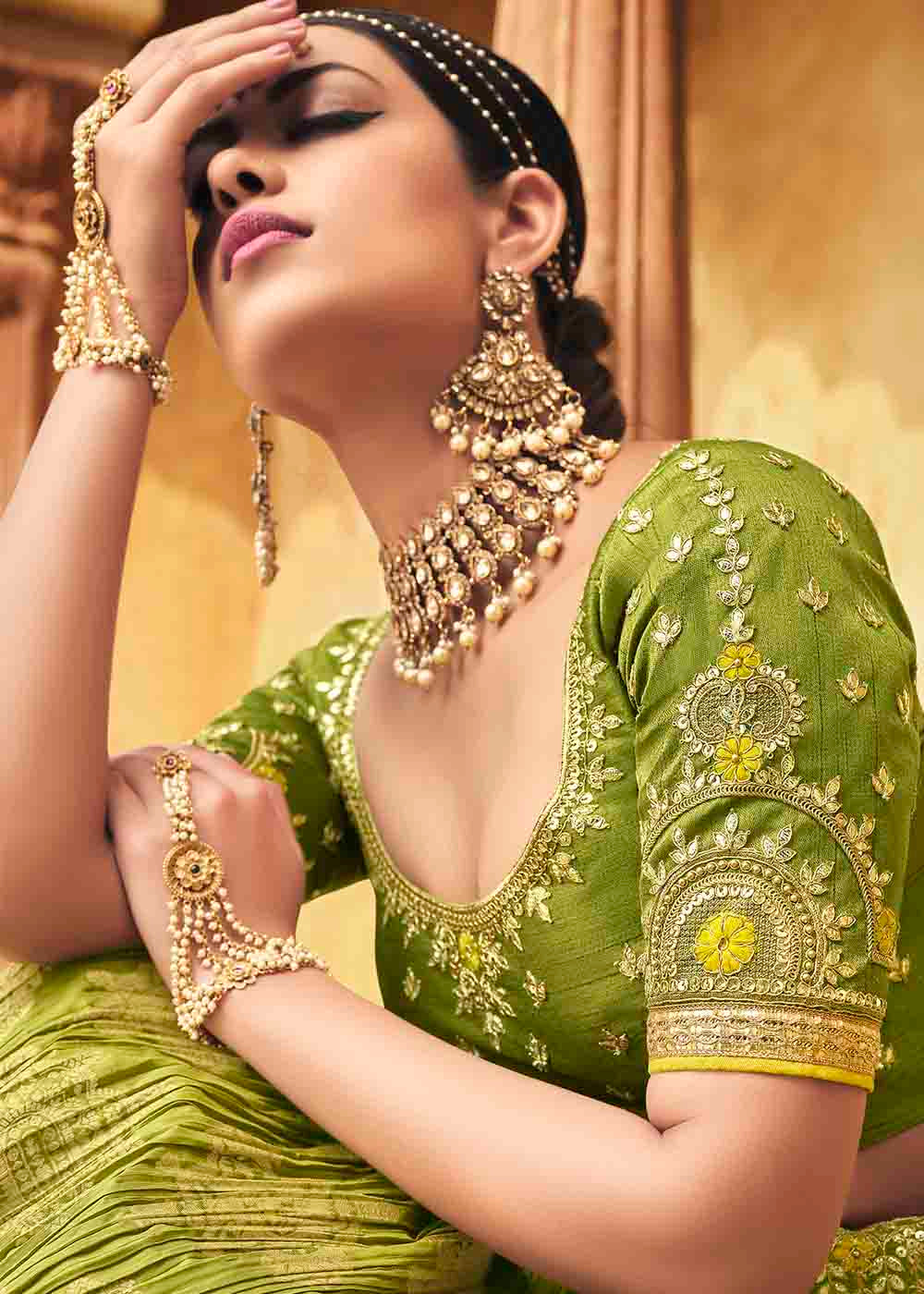 Avocado Green Banarasi Silk Lehenga Choli with Khatli work Embroidery