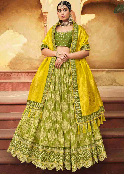 Avocado Green Banarasi Silk Lehenga Choli with Khatli work Embroidery