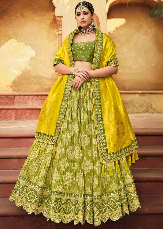 Avocado Green Banarasi Silk Lehenga Choli with Khatli work Embroidery