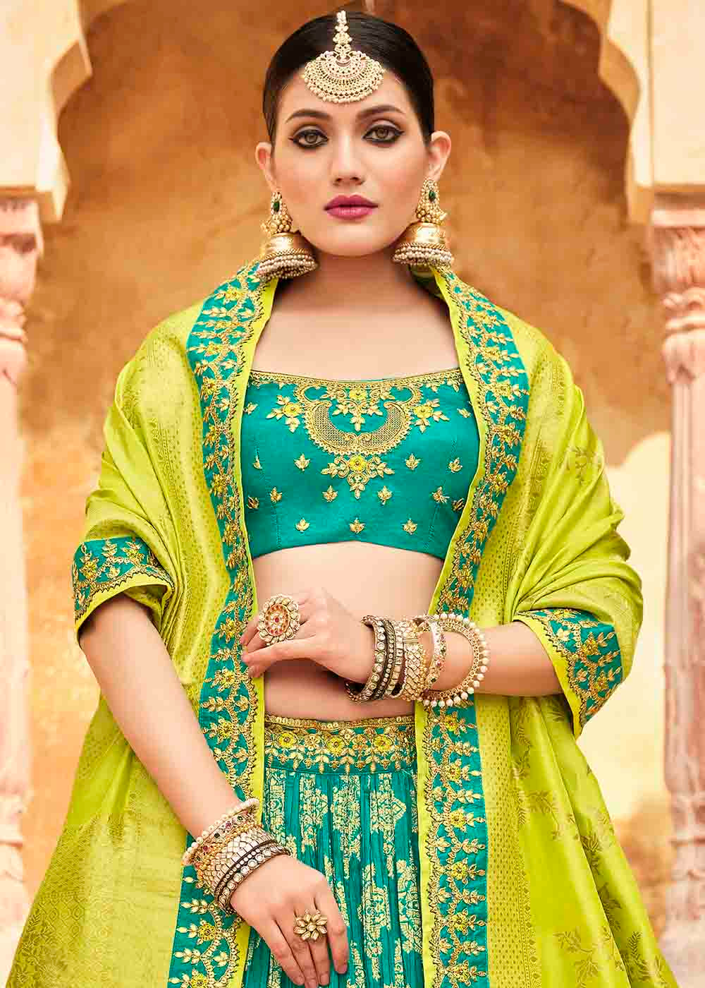 Turquoise Blue Banarasi Silk Lehenga Choli with Khatli work Embroidery