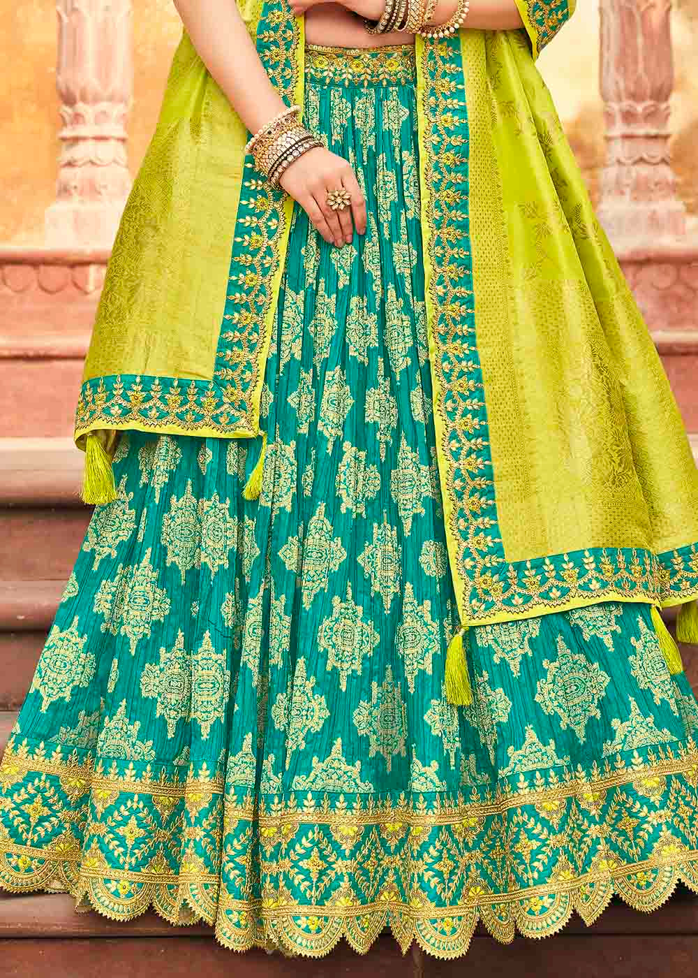 Turquoise Blue Banarasi Silk Lehenga Choli with Khatli work Embroidery