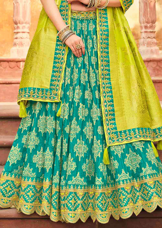 Turquoise Blue Banarasi Silk Lehenga Choli with Khatli work Embroidery