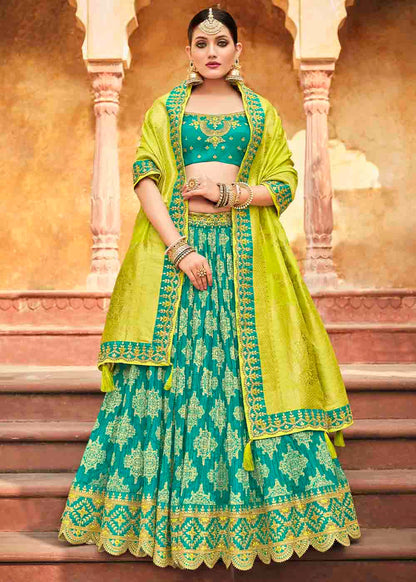 Turquoise Blue Banarasi Silk Lehenga Choli with Khatli work Embroidery