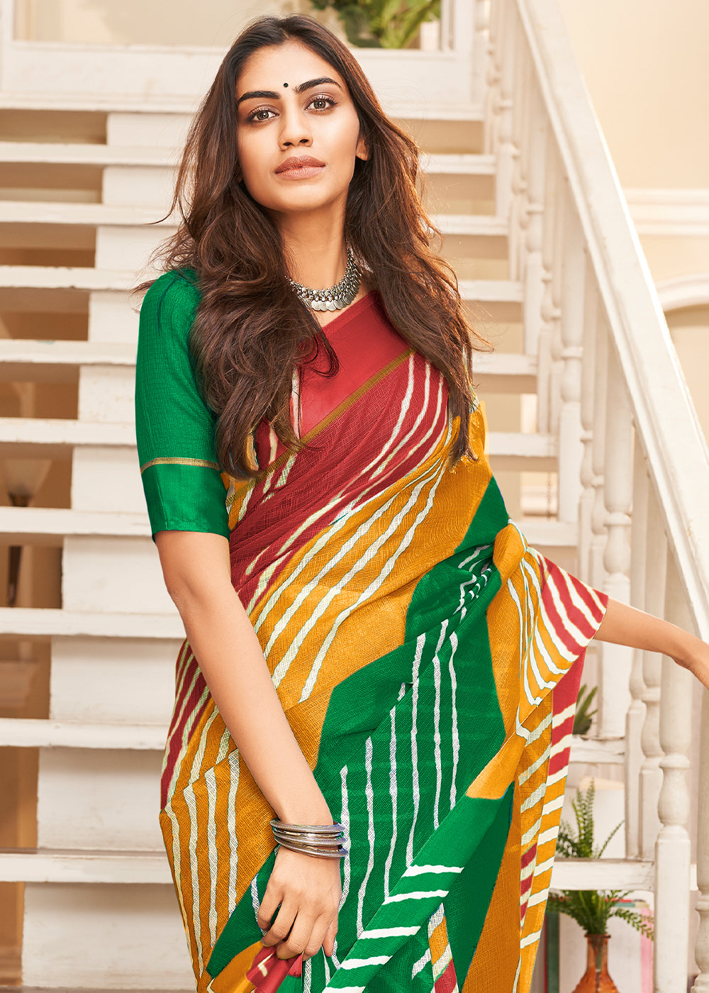 Yellow & Green Leheriya Printed Cotton Saree : Top Pick