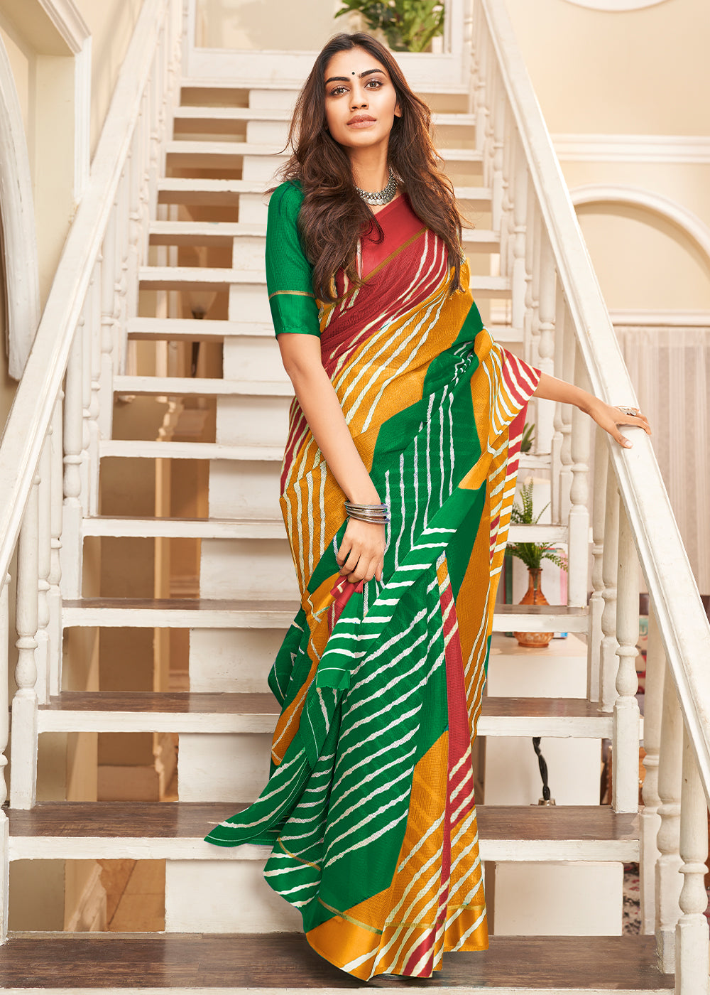 Yellow & Green Leheriya Printed Cotton Saree : Top Pick