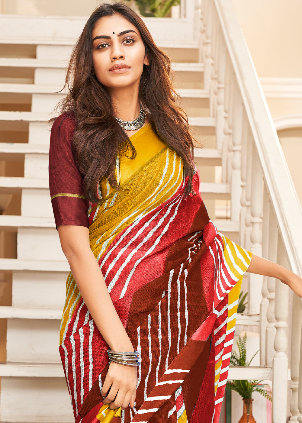 Yellow & Pink Leheriya Printed Cotton Saree: Summer Edition