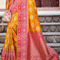 Yellow & Pink Floral Zari Woven Banarasi Silk Saree with Embroidered Blouse: Top Pick