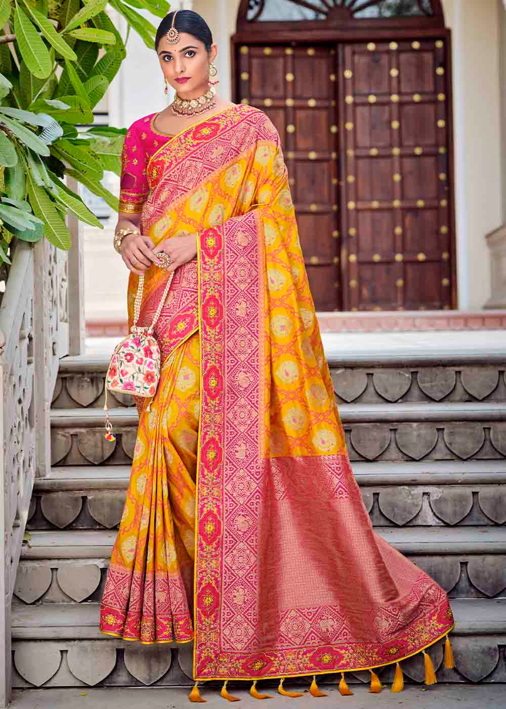 Yellow & Pink Floral Zari Woven Banarasi Silk Saree with Embroidered Blouse: Top Pick