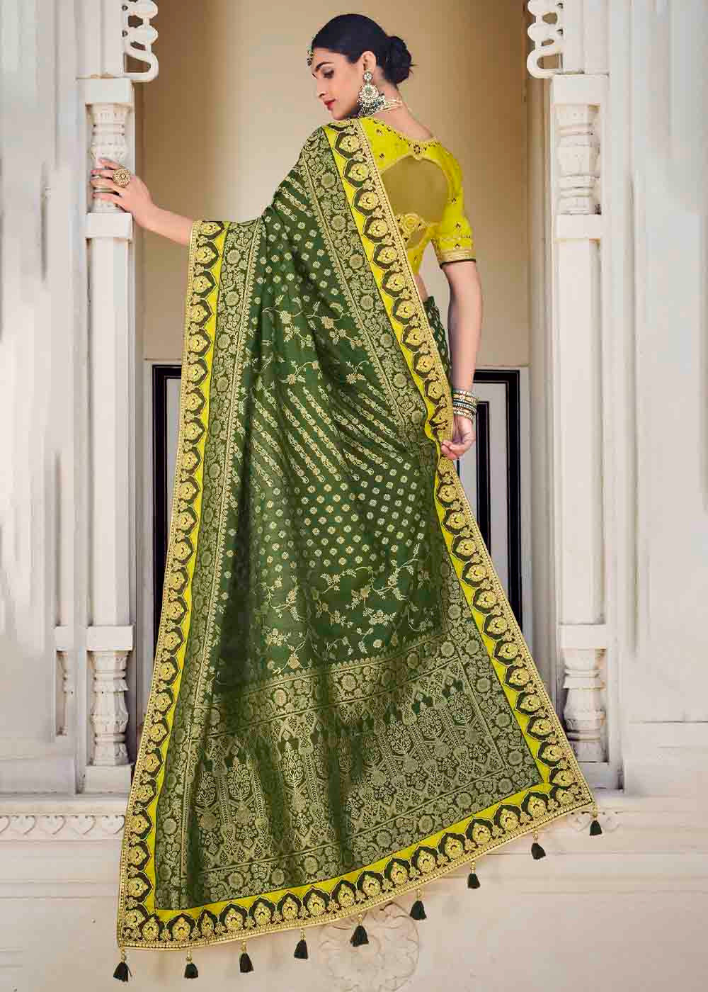 Basil Green Floral Zari Woven Banarasi Silk Saree with Embroidered Blouse: Top Pick