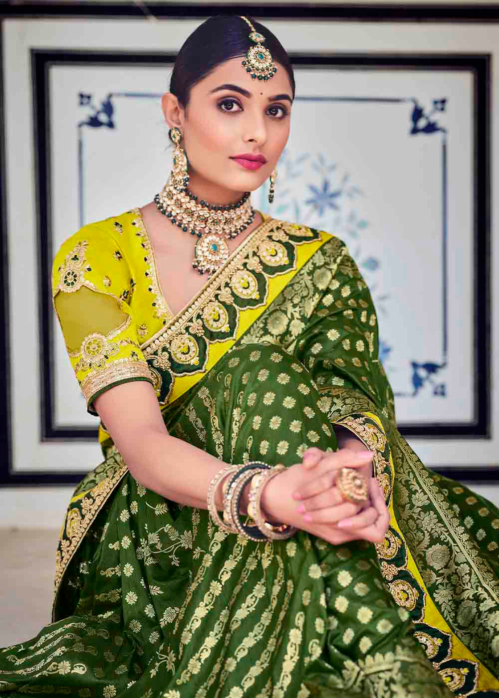 Basil Green Floral Zari Woven Banarasi Silk Saree with Embroidered Blouse: Top Pick