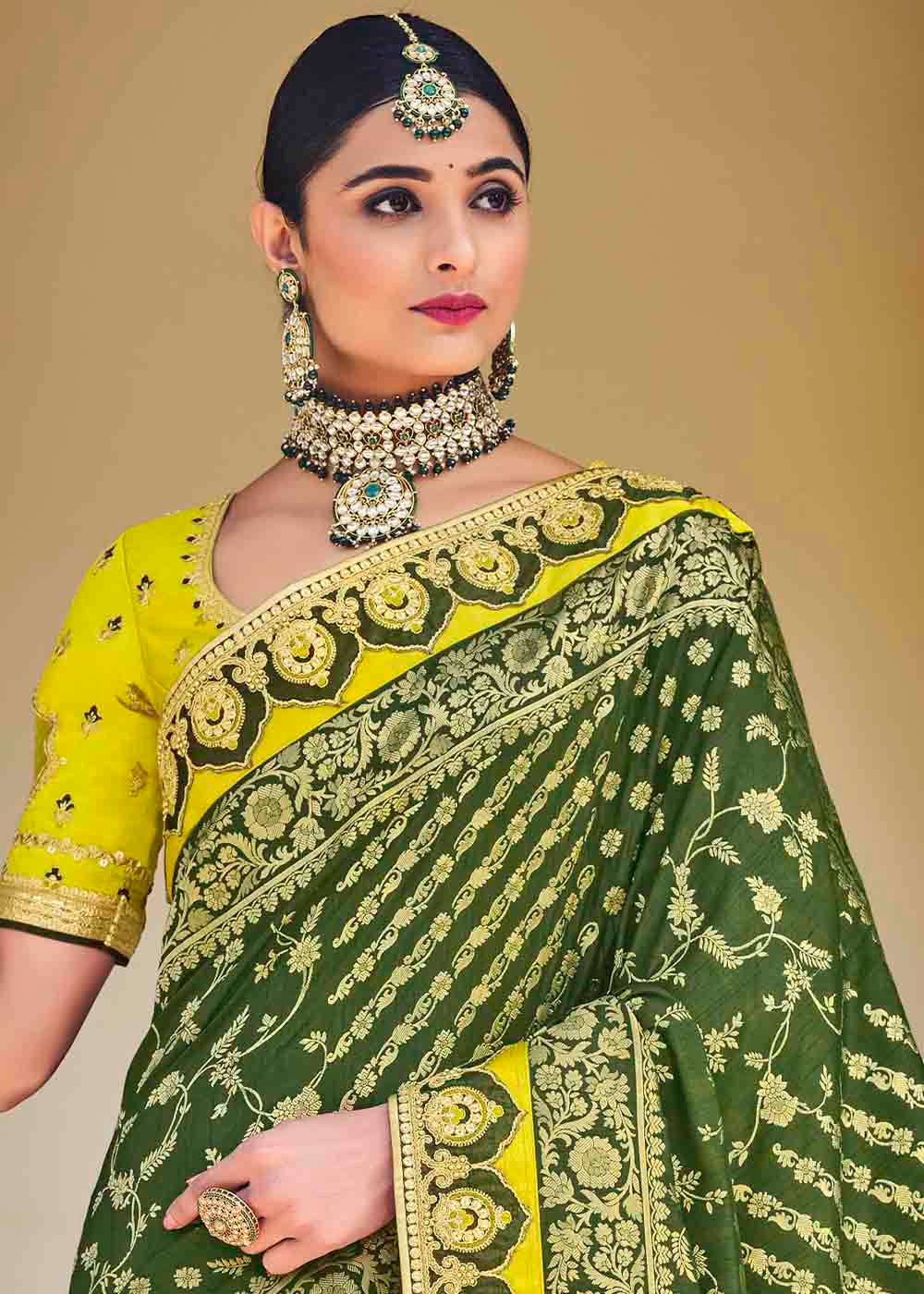 Basil Green Floral Zari Woven Banarasi Silk Saree with Embroidered Blouse: Top Pick
