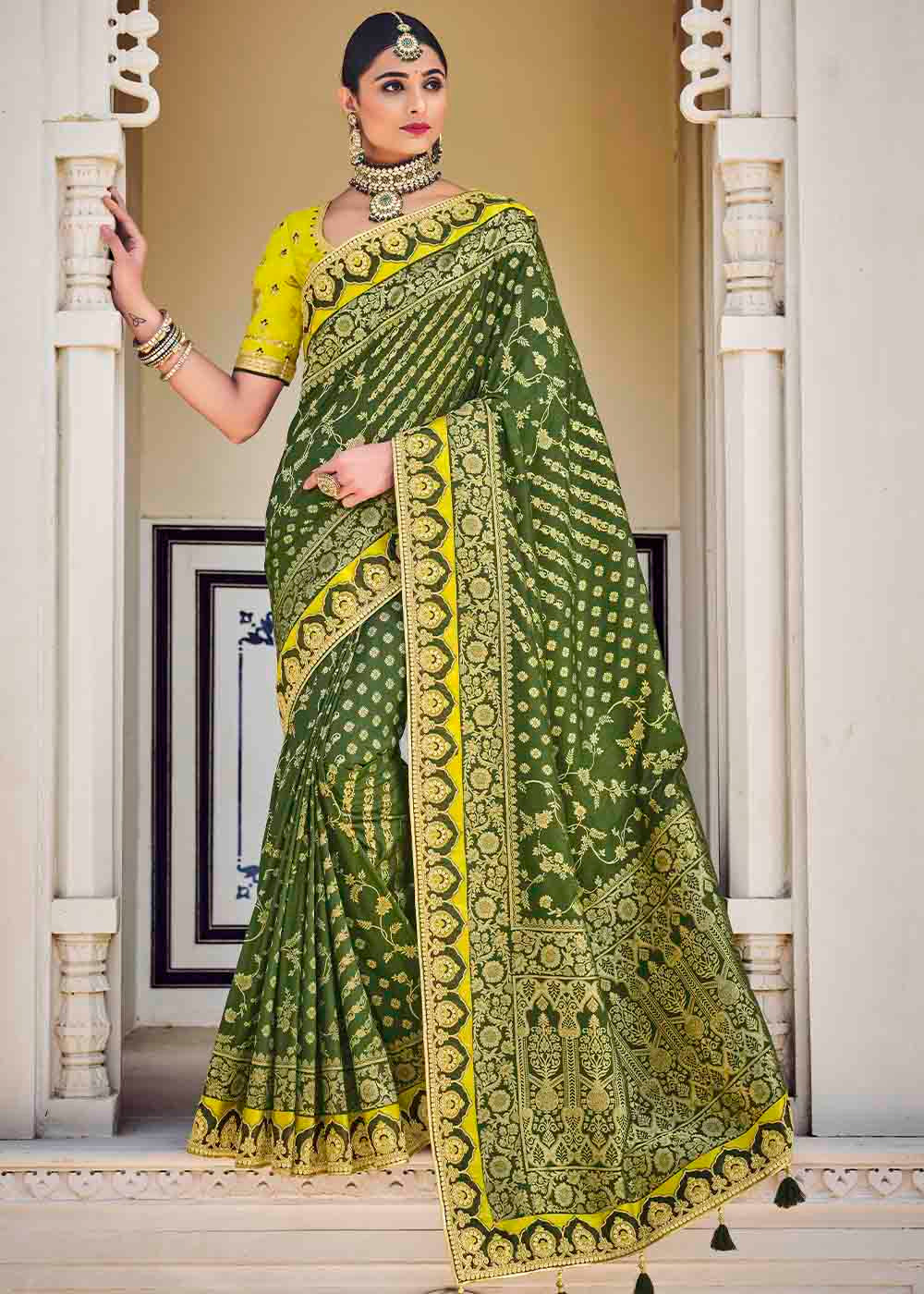 Basil Green Floral Zari Woven Banarasi Silk Saree with Embroidered Blouse: Top Pick