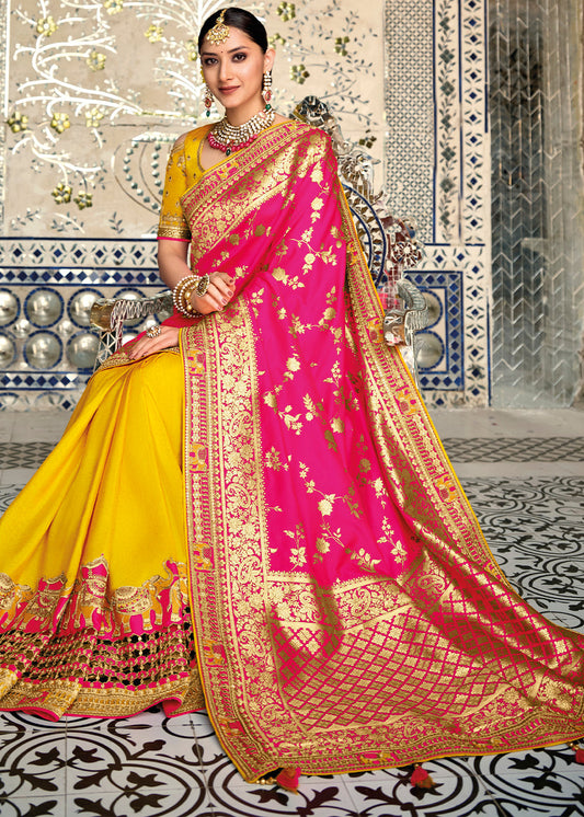 Yellow & Pink Half N Half Banarasi Silk Saree with Embroidered work