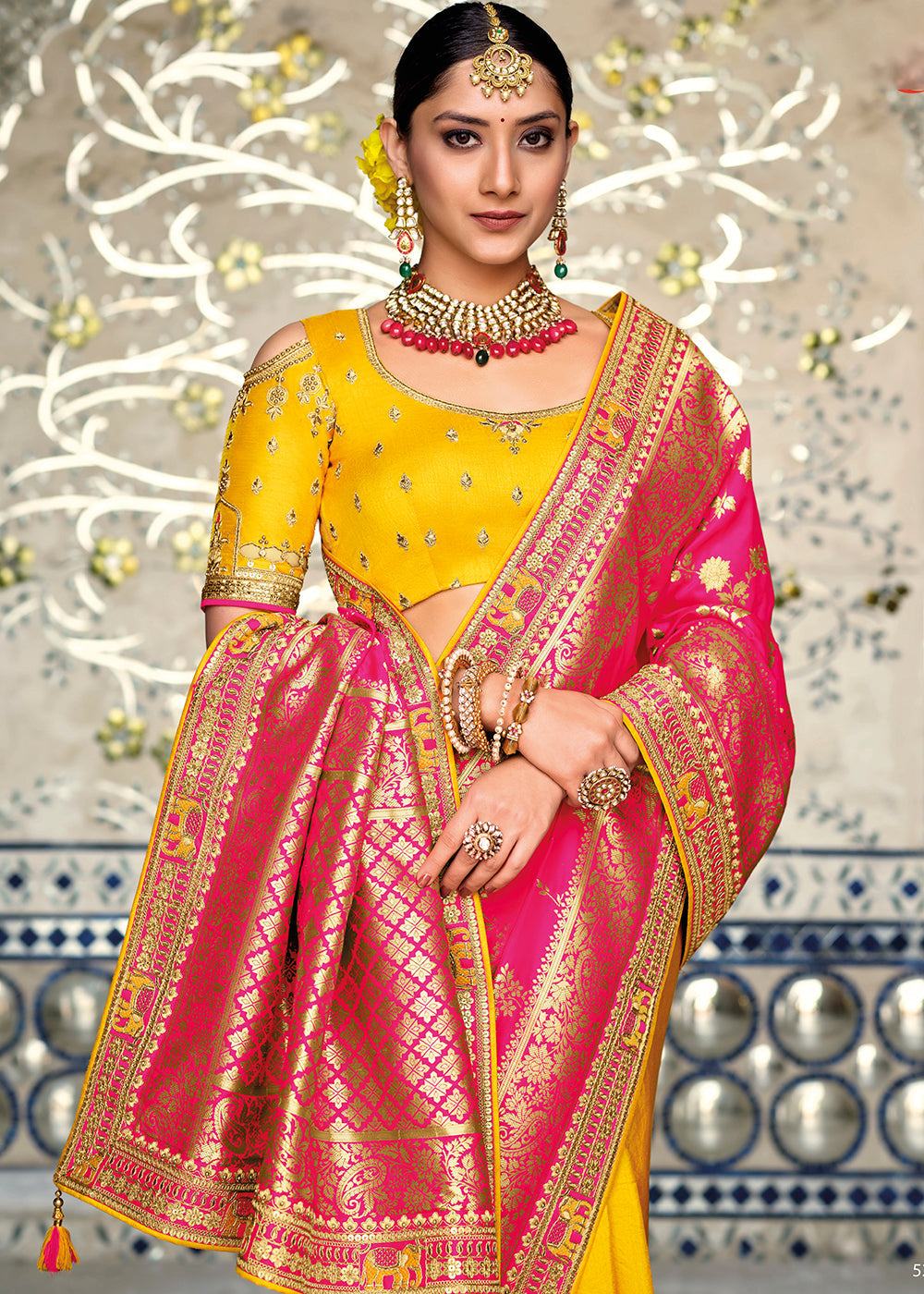 Yellow & Pink Half N Half Banarasi Silk Saree with Embroidered work